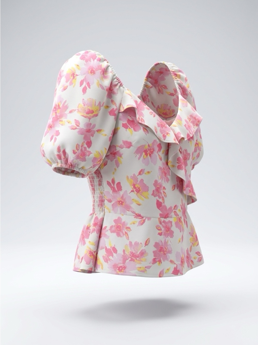 Lush Pink Floral Ruffle Puff Sleeve Crop Peplum Top - Size XS/Small
